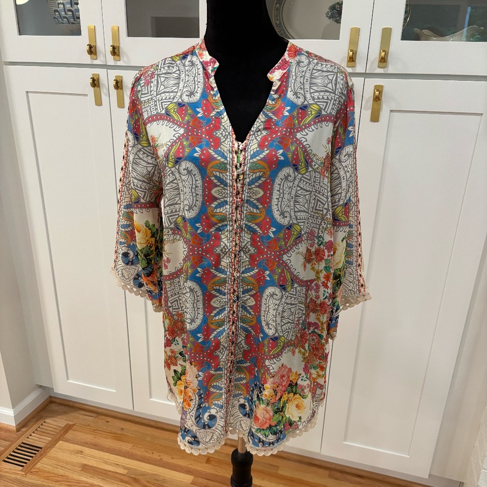 Johnny Was Silk Shirt Button-down with Lace Trim and 3/4 Sleeves, Size M